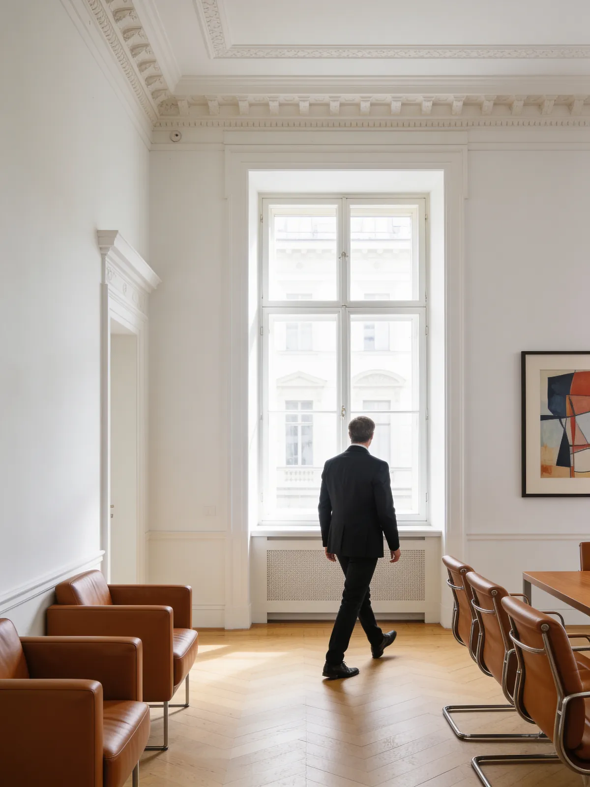 Eine Person geht in einem hellen Wiener Altbaubüro auf ein hohes Fenster zu